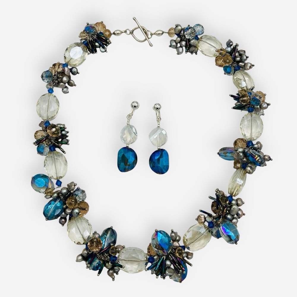 Vintage Blue Aurora Borealis Pearl Beaded Cluster Necklace Clip Earrings Set